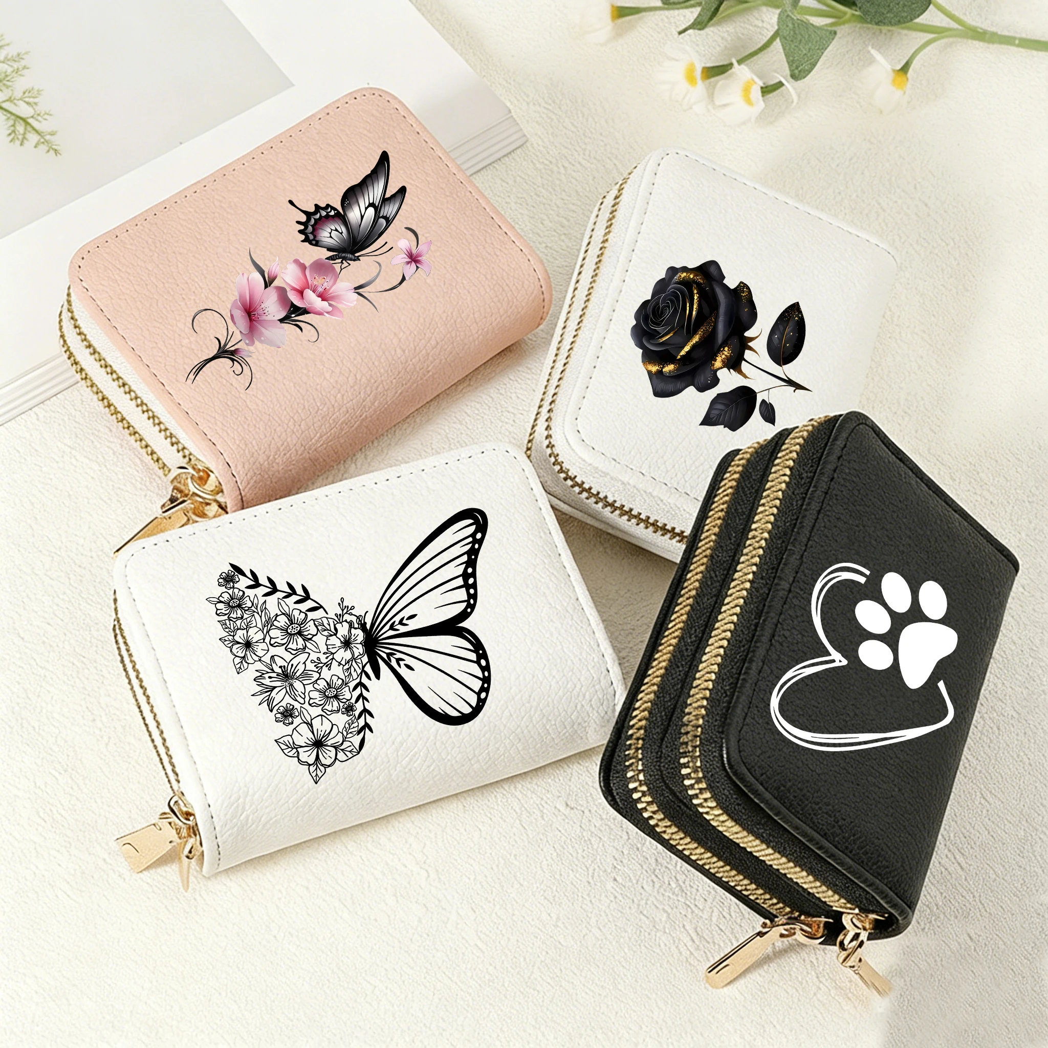 Rose Butterfly Heart-Shaped Paw Womens Double Zipper Wallet Lychee Short Credit Card Holder with Large Capacity Coin Purse