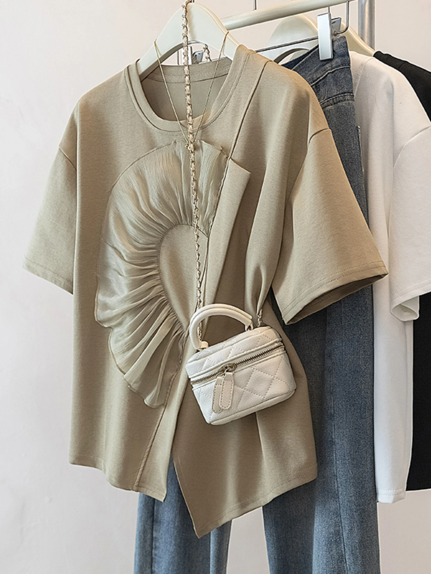 Slimming Design Irregular Short Sleeve T-Shirt Women's Summer Fashion plus Size Base Shirt Korean Style Commute Wind Loose Fit