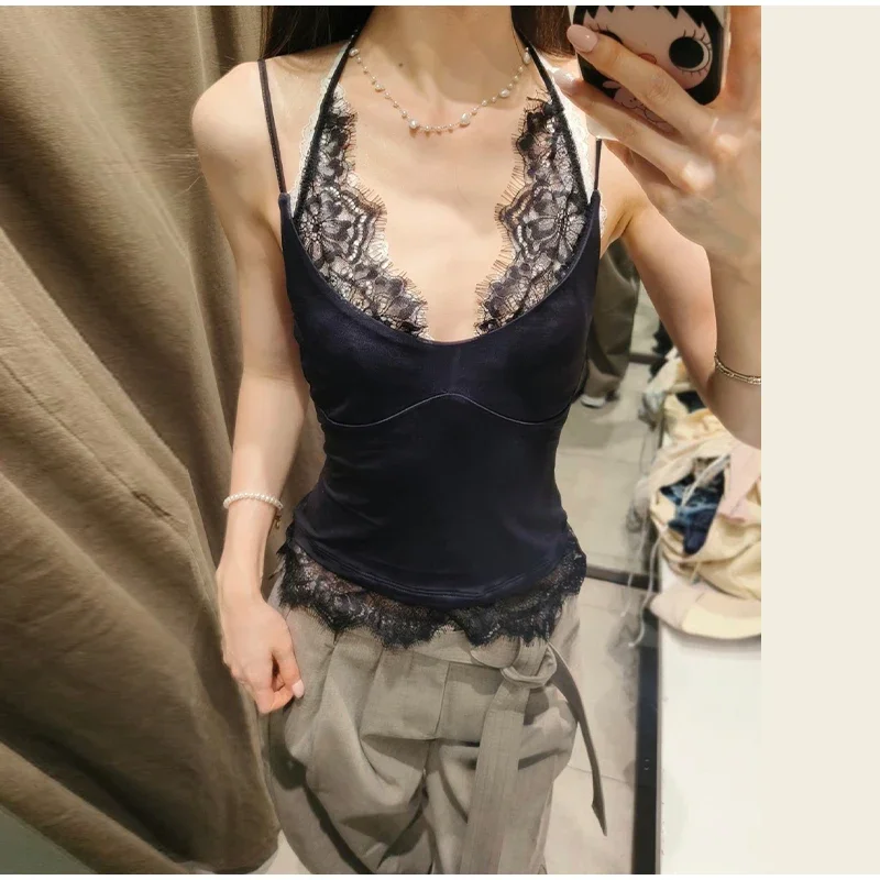 Spitzen-Patchwork-Top mit Neckholder und Taillenbetonung für Damen, sexy, ärmellos, rückenfrei, schmal geschnitten, charmante Clubwear für Damen. – Detail 17