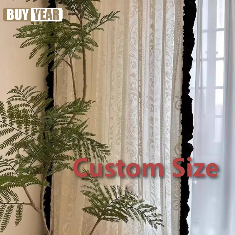 Custom Size White Tulle Velvet Black and White Ruffled Partition Luxury Sheer Curtains for Living Dining Room Bedroom Fashion