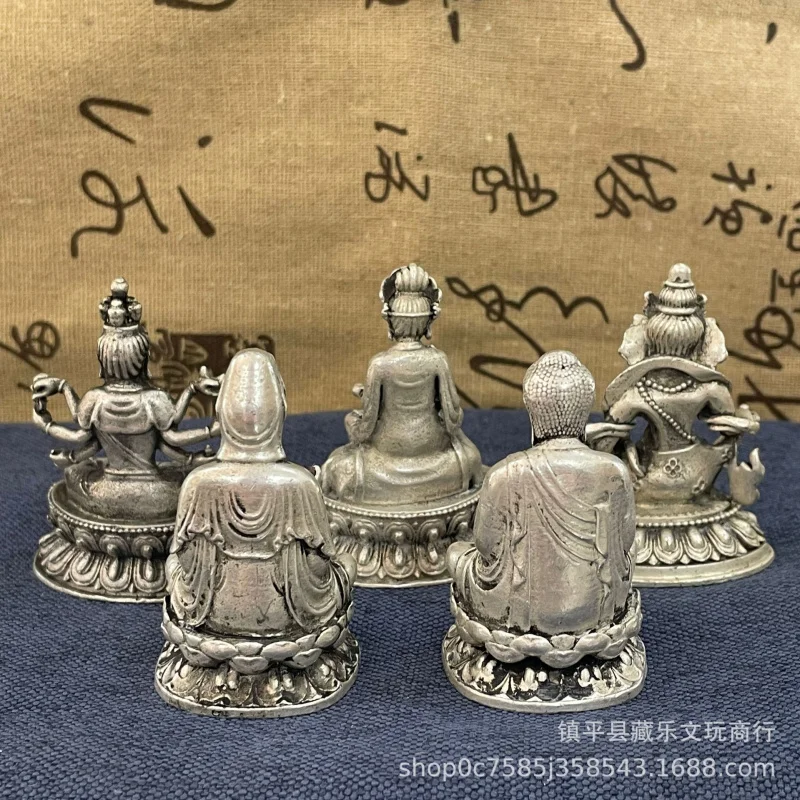 Antique Tibetan-style small, silver-plated white copper mini Buddha statue, Guanyin, Tathagata