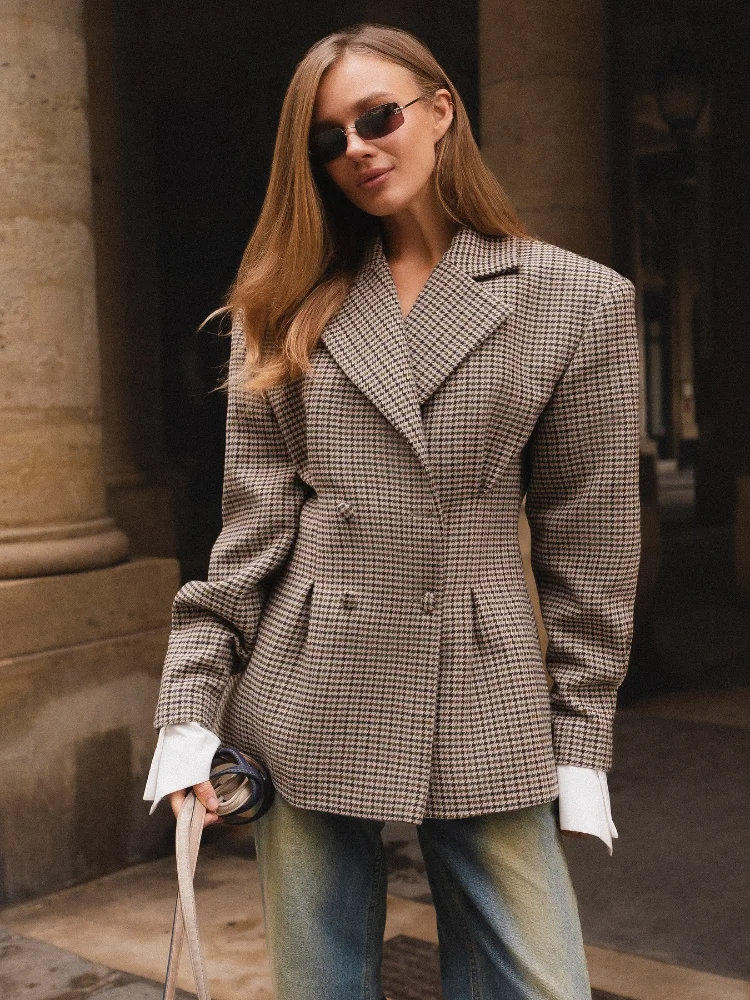 Blazer imprimé à carreaux vintage pour femmes, veste élégante, double boutonnage, poches, manteau rétro, taille haute, Streetwear, 2025