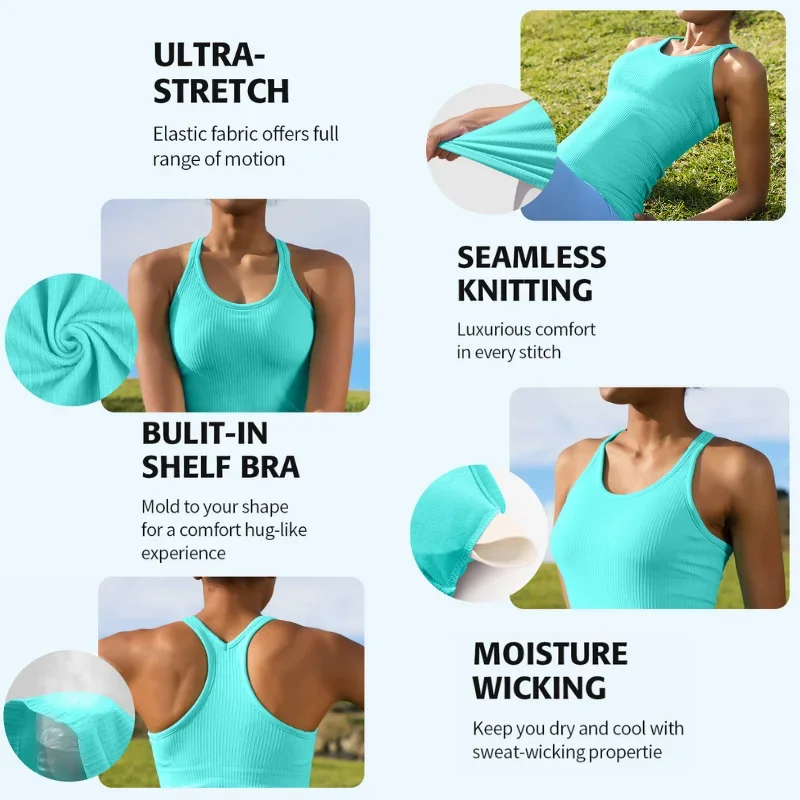 Anfilia Seamless Women Yoga Tank Tops Built-in Bras High Stretchy Knit Ribbed Racerback Hip Length Scoop Neck Tight Workout Tops