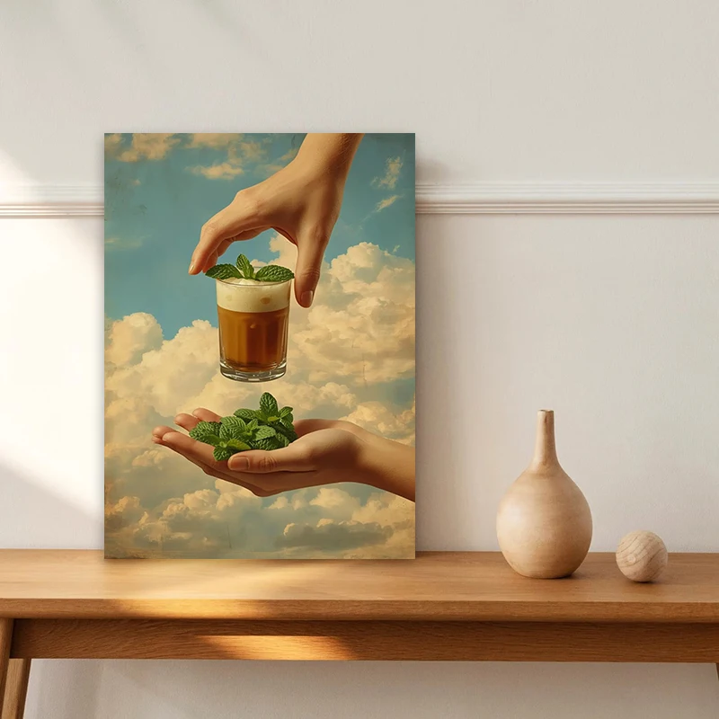 Moroccan Mint Tea Wall Art, Impressionist Zellige Painting, Surreal Art Floating Hands Canvas Print