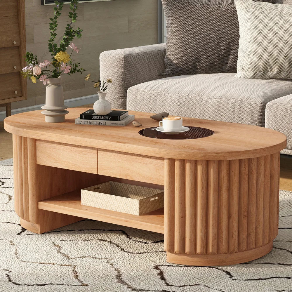 Mid-Century Modern Fluted Oval Coffee Table, 2-Tier Wooden Cocktail Table with Drawers Storage Center Table for Living Room