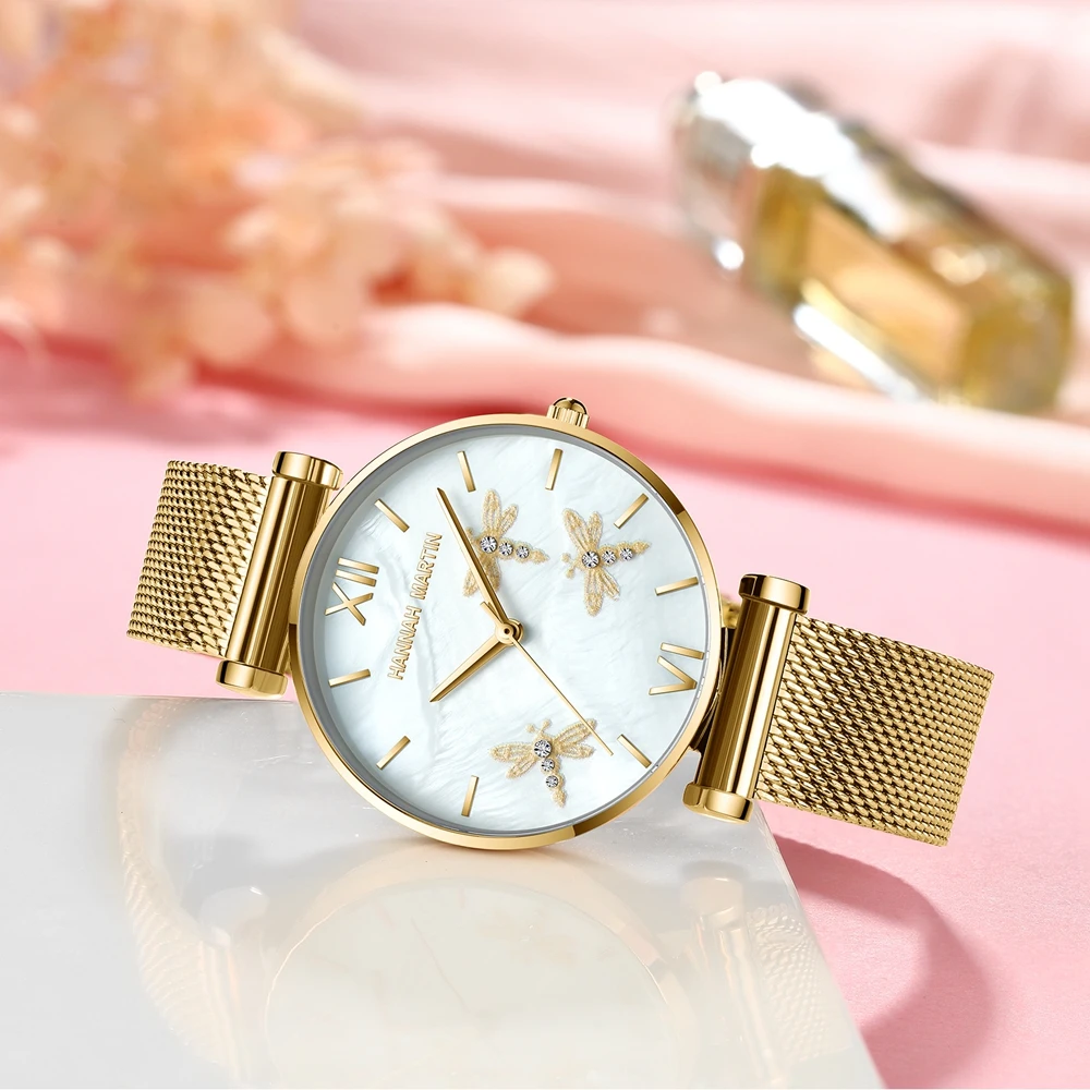 2021 New Dragonfly Design White Oyster Scallop Dial  Japan Quartz Ladies Watch Akoya Pearl Shell Stainless Steel Women Watches