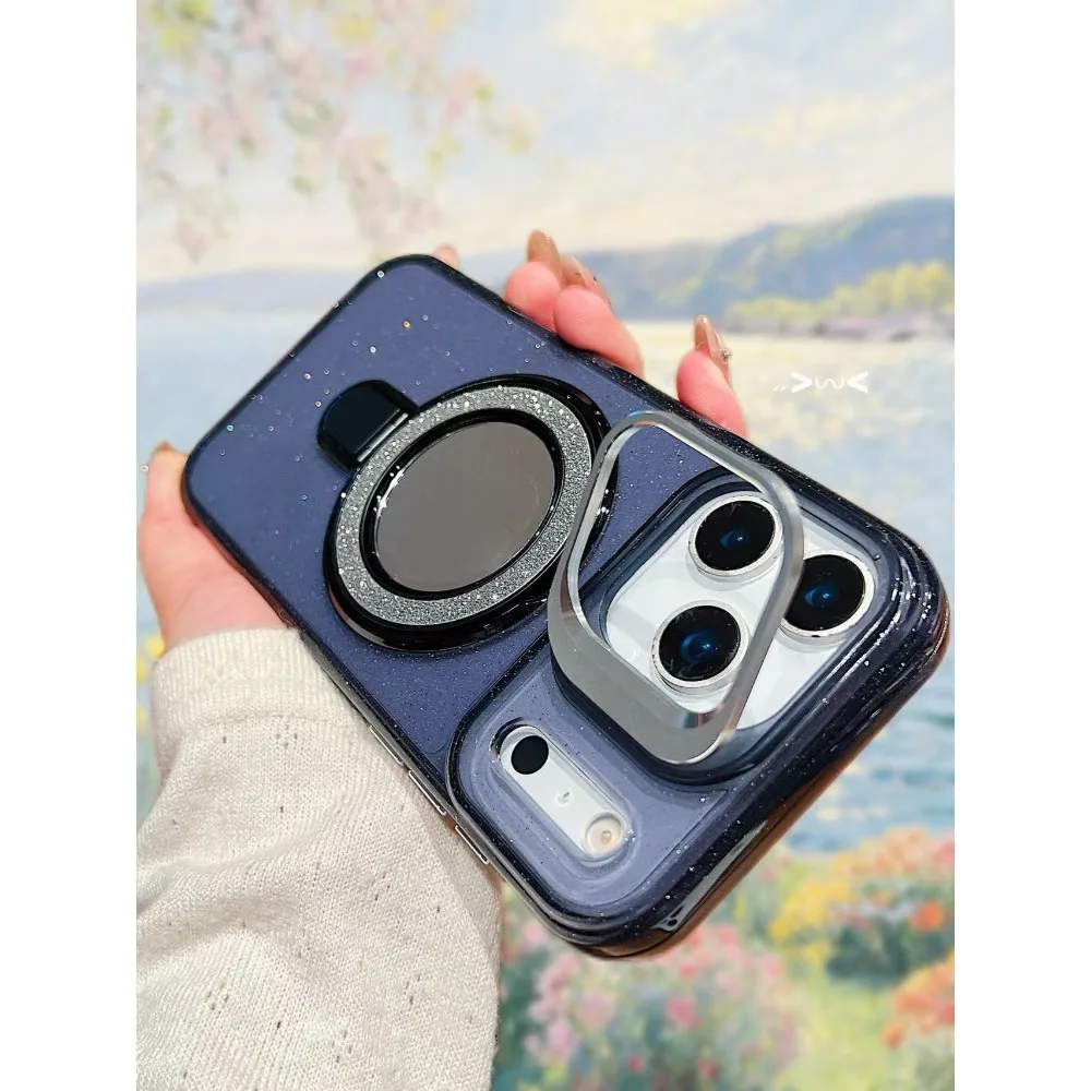 حافظة هاتف Magsafe مغناطيسية جديدة فاخرة "لامعة شفافة مع حامل لهاتف IPhone11 12 13 14 15 16 17 Pro Max