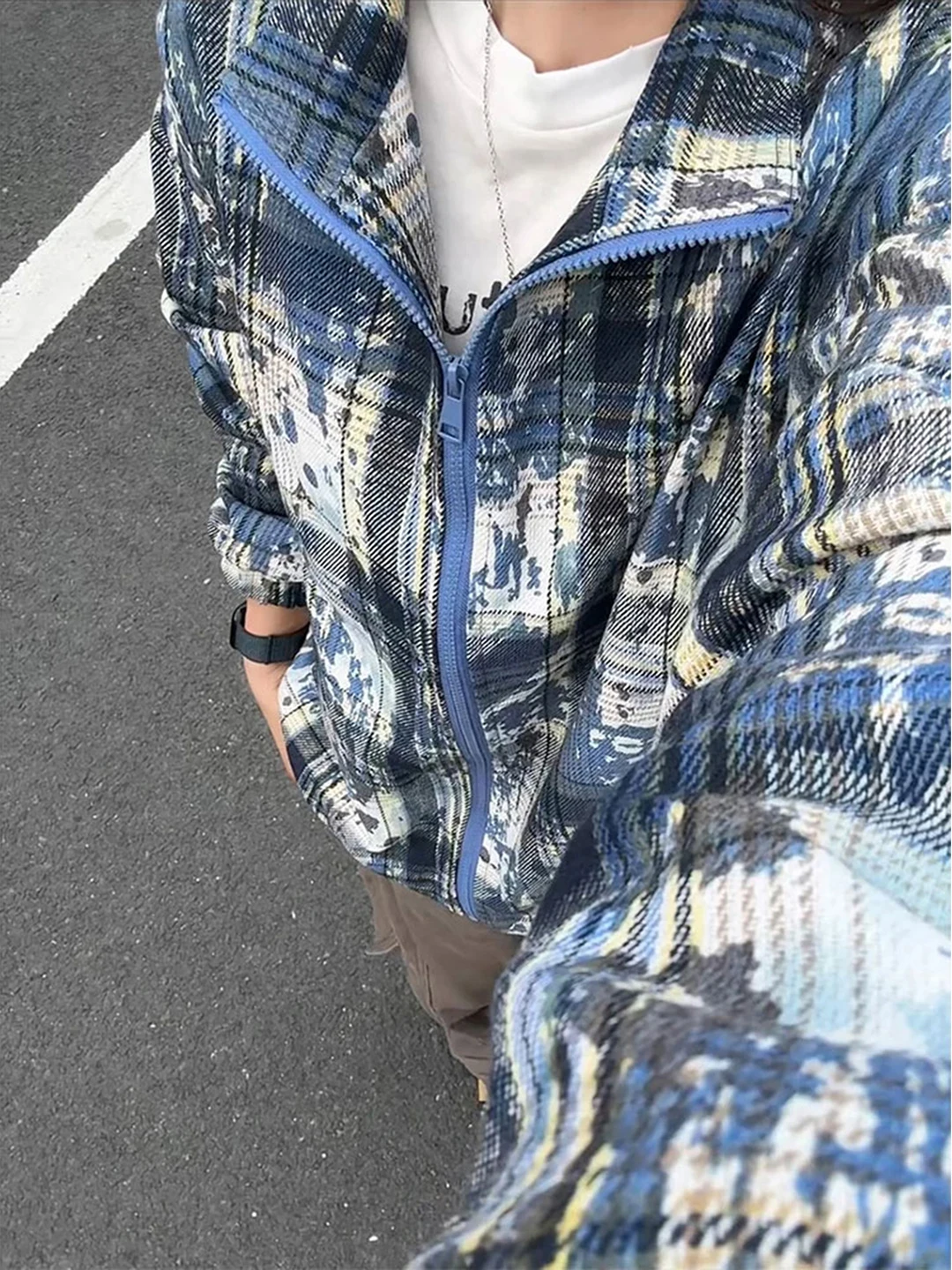 

Blue Tie Dye Plaid Jaet Men's Autumn Vintage American Sle Couple's irt Loose Fit Hooded Zipper Closure ort Sve