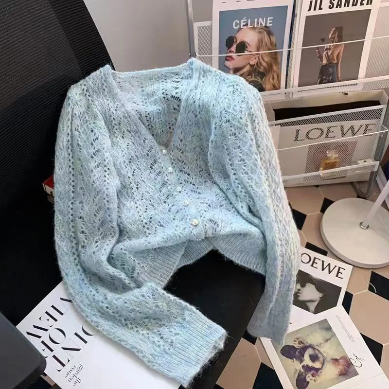 Sweet Hollow Out Knit Cardigan Women V Neck Long Sleeve Single Breasted Sweater Elegant Casual Korean Fashion Cropped Top