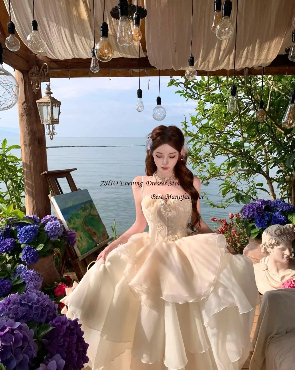 ZHIO فستان زفاف فاخر عاجي متدرج من التل والقطن فستان زفاف لالتقاط الصور مزين بالزهور على شكل قلب بدون أكمام فساتين العروس