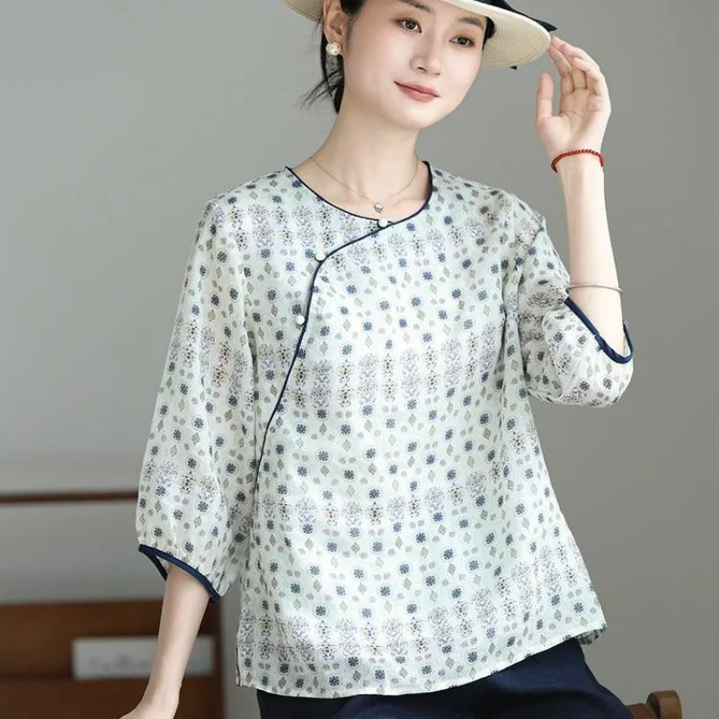 

2025 New Printed Shirt Women's Three-quarter Sleeve Literary National Style Slant-Breasted Top