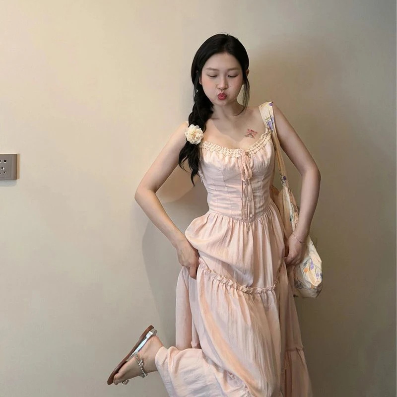 Pink Patchwork Camis Dress Women Sexy Chic Spaghetti Strap Long Dress Korean Fashion All Match Square Neck Casual Slim Vestidos