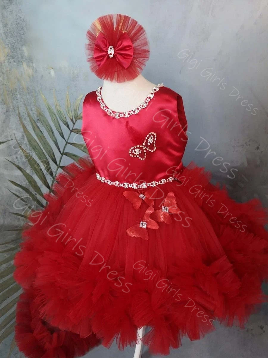 Red Satin Tulle Flower Girl Dress with Rhinestones/ Bow 3D Butterfly Train Birthday Dress 2-14 Kids Custom Wedding Party Gown