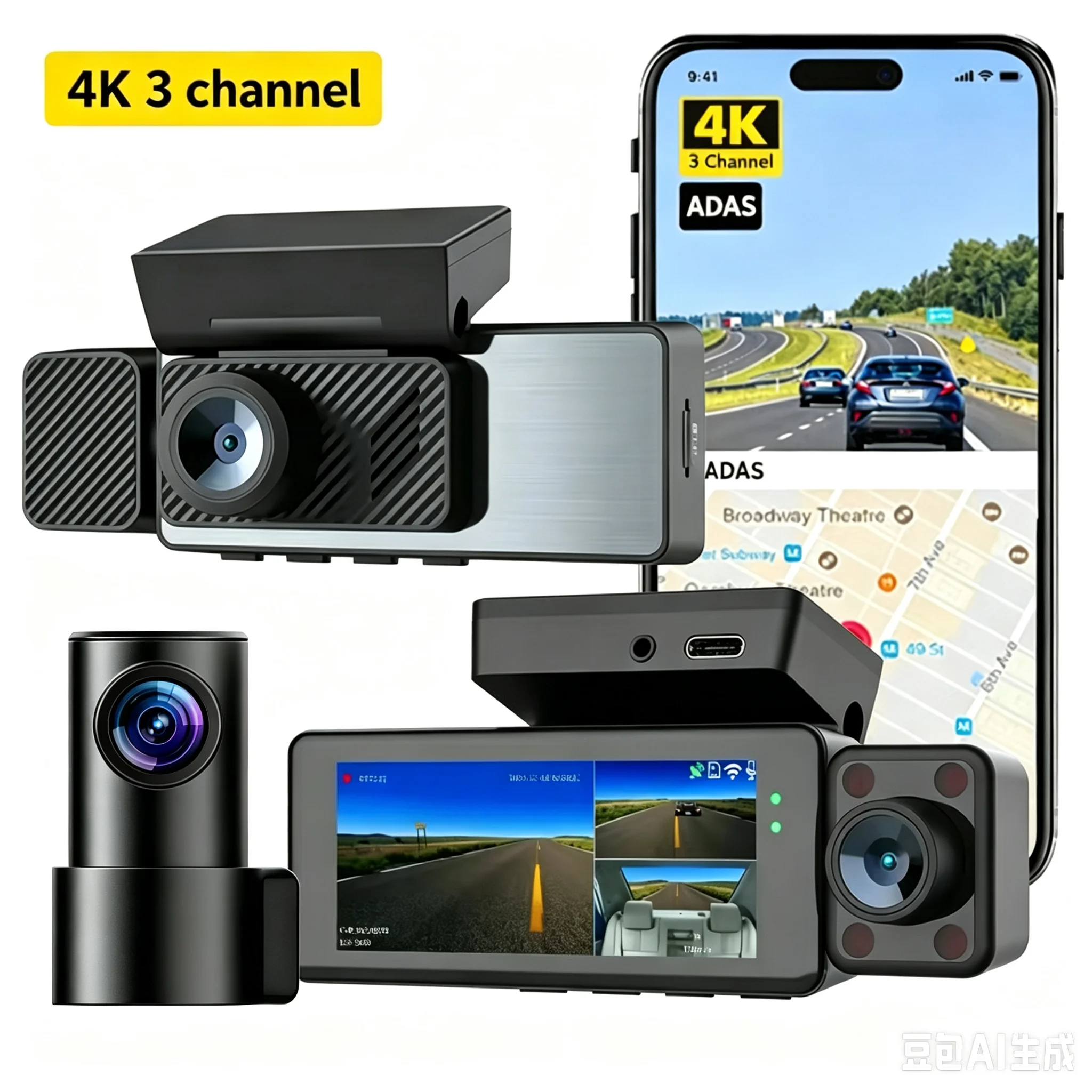 3 Channel Dashcam AI ADAS Dash Cam WiFi GPS 3.16