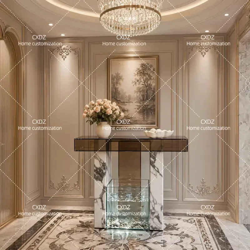 Ultra White Sintered Stone Fish Tank with Flowing Water Feature Feng Shui Entrance Ornament Brown Glass Countertop