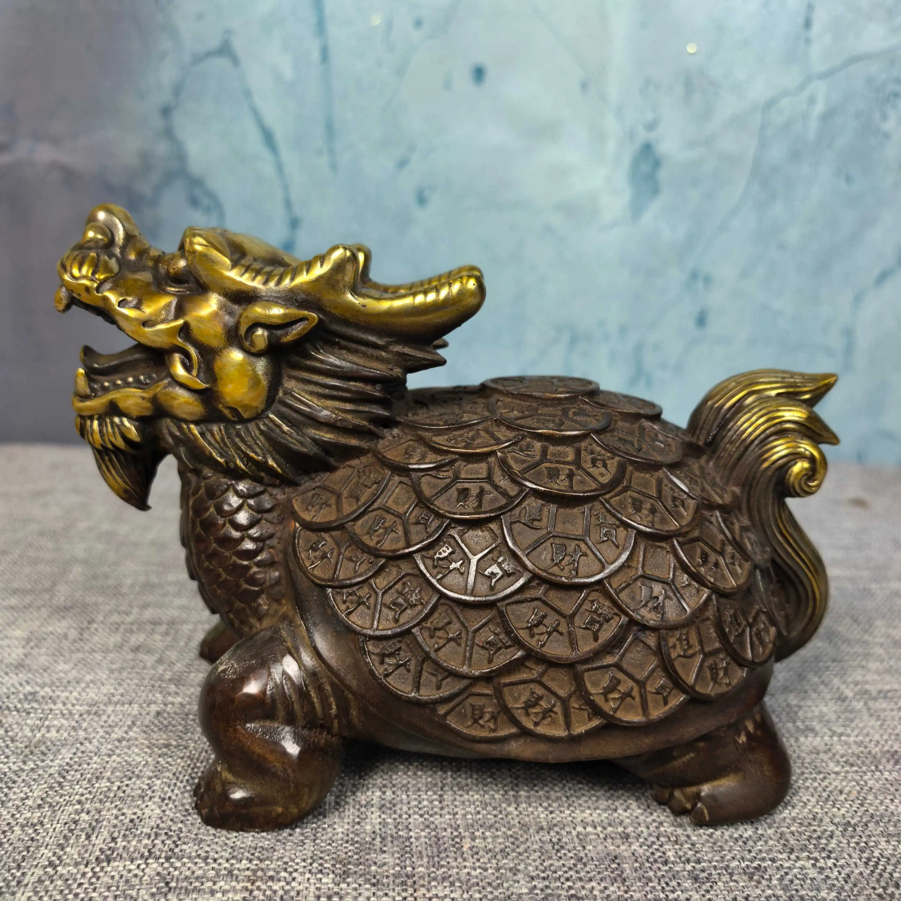 Old Brass Gilded Yuanbao coins Dragon Turtle Statue Tai Chi Ghost Amass wealth Ornaments Town house Exorcism