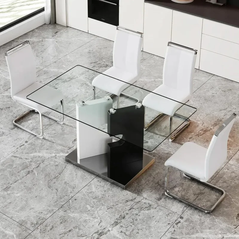63-Inch Glass Dining Table with 4 PU Leather Chairs, Modern Kitchen and Dining Table Set