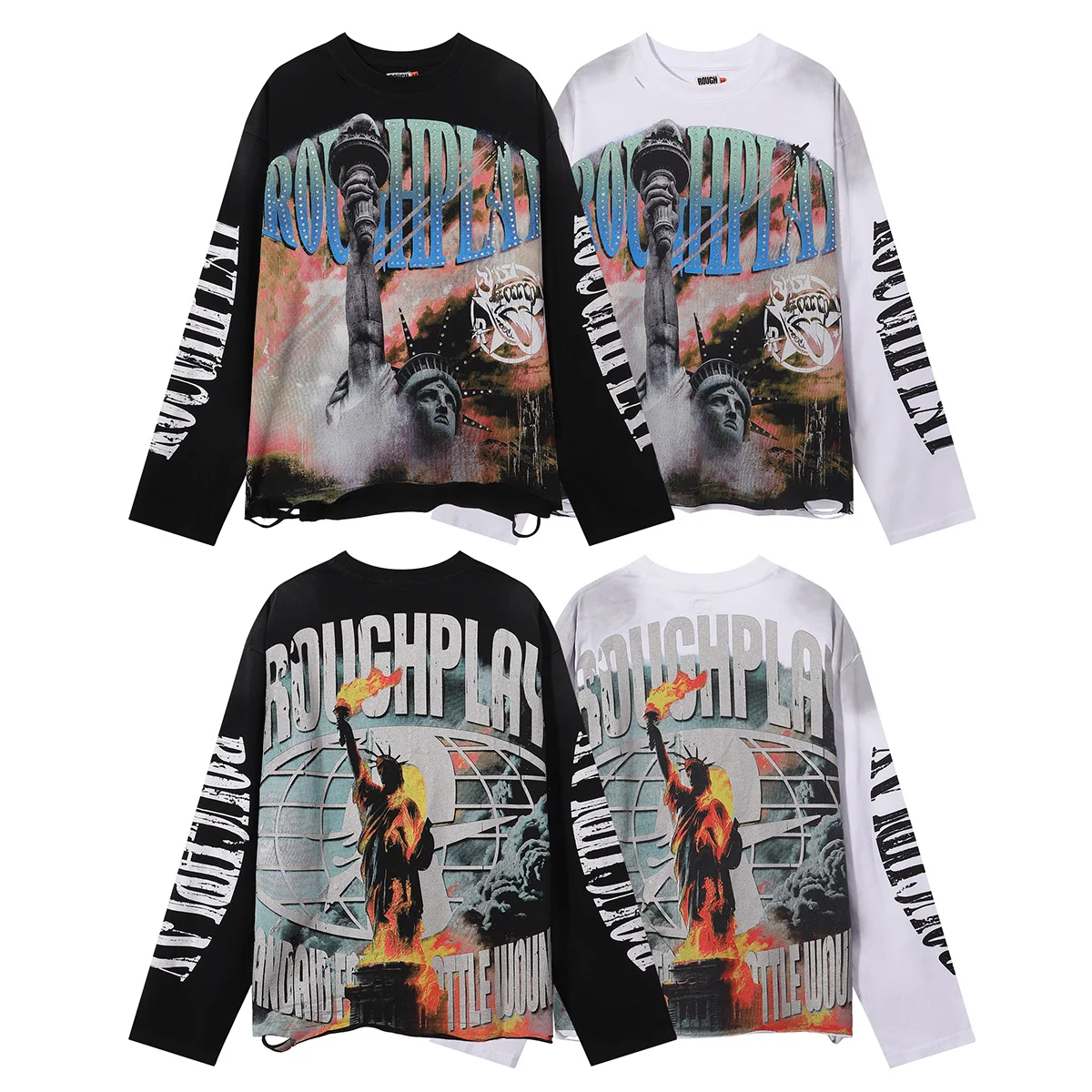 New American Style Rough Play Splicing Shinning Diamond 100% Cotton long sleeves T-shirts for Men Women Crew Neck Loose Summer T-shirt Oversized Tees