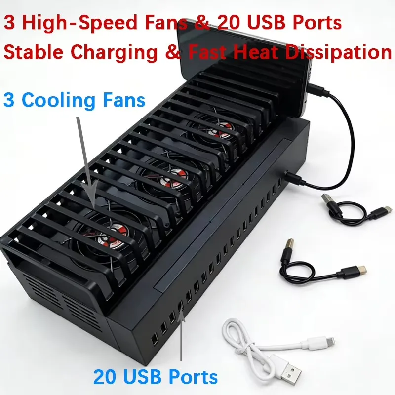JYWD Black 20-Port USB Hub Chassis Multi-device Charging & Data Test Cabinet For Smartphone Laboratory Debugging