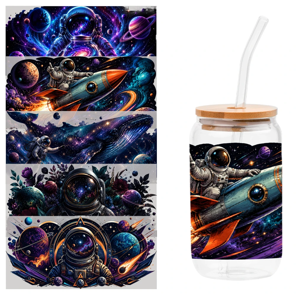 5 Sheets Astronaut Rocket Space UV DTF Stickers DIY Water Bottle Glass Mug Decoration Gift UV DTF Stickers