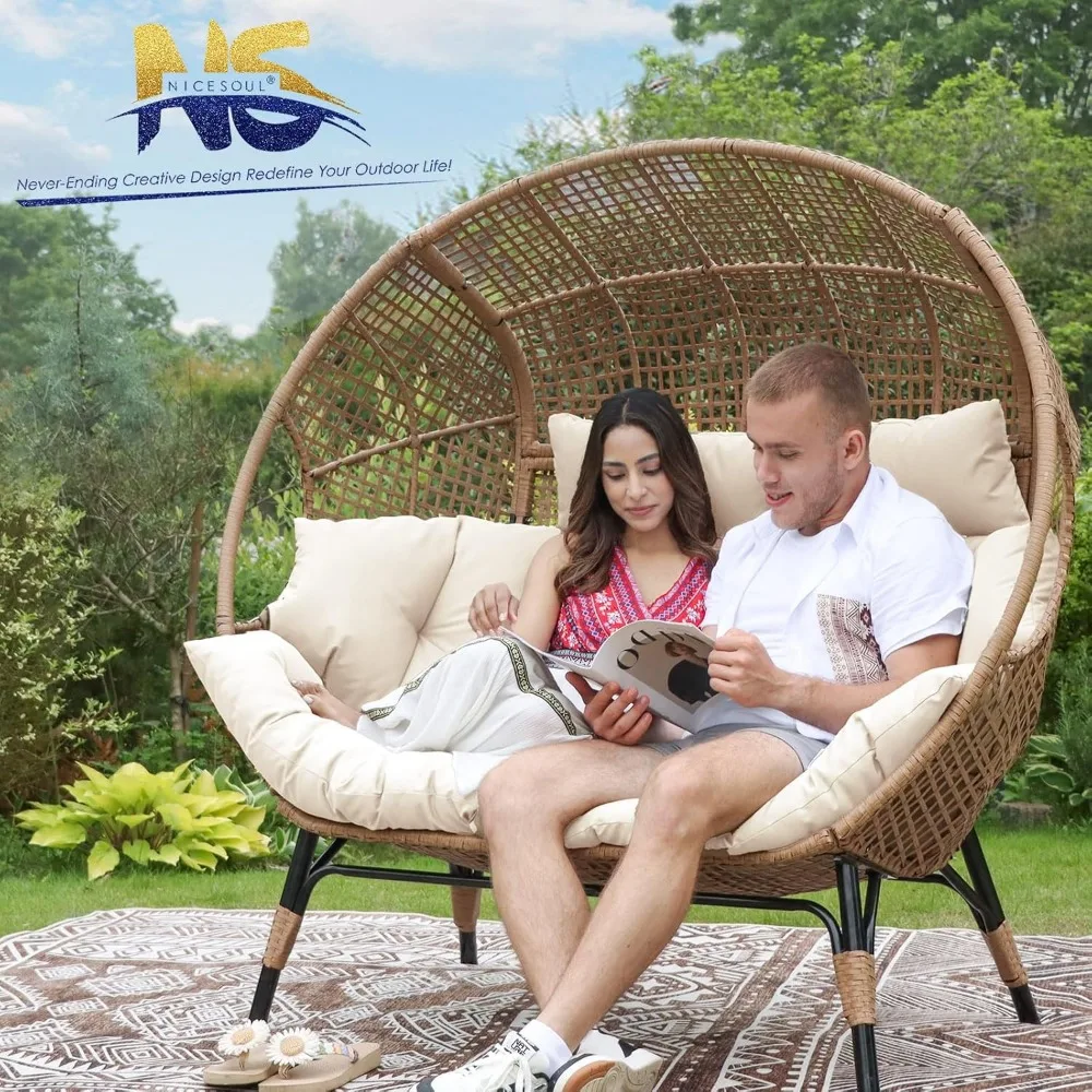 Double Egg Chair Indoor Outdoor Stationary Oversized Thicken Padded Cushions,2 Person Eggs Loveseat Chairs, Egg Chair