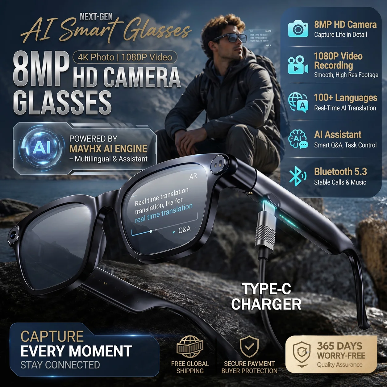 2026 New POV Vlog Smart Glasses Men&Women 800W Pixel Camera AI ChatGPT Video&Audio Recording Translation Business&Sports Glasses