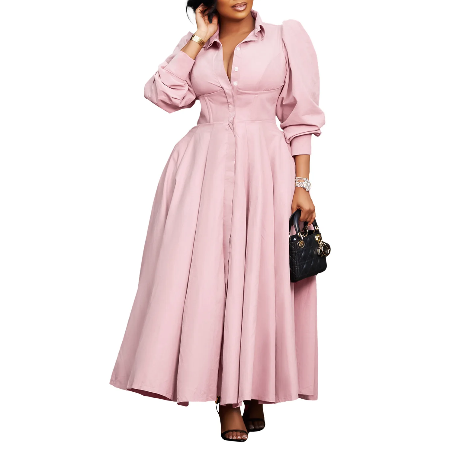 فستان قميص نسائي بأكمام طويلة وياقة واسعة وأكمام منتفخة فستان عصري بلون سادة متوسط الطول على الطراز الأفريقي #5