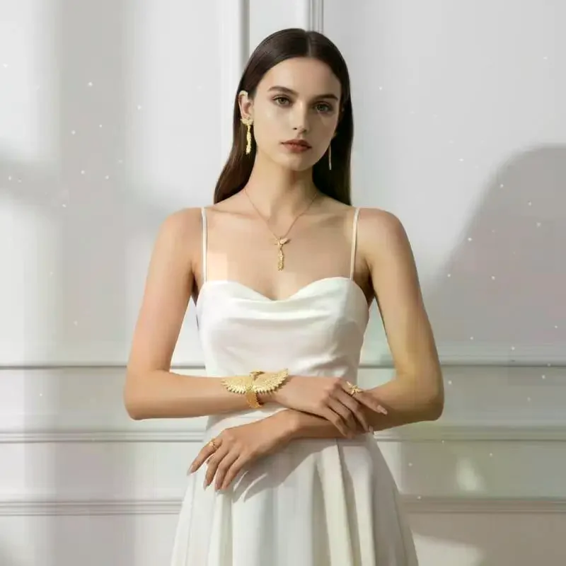 1/4Pcs Retro Exaggerated Gold Phoenix Wings Pendant Necklace Earrings Bracelet Set For Women Luxury Personality Jewelry Sets