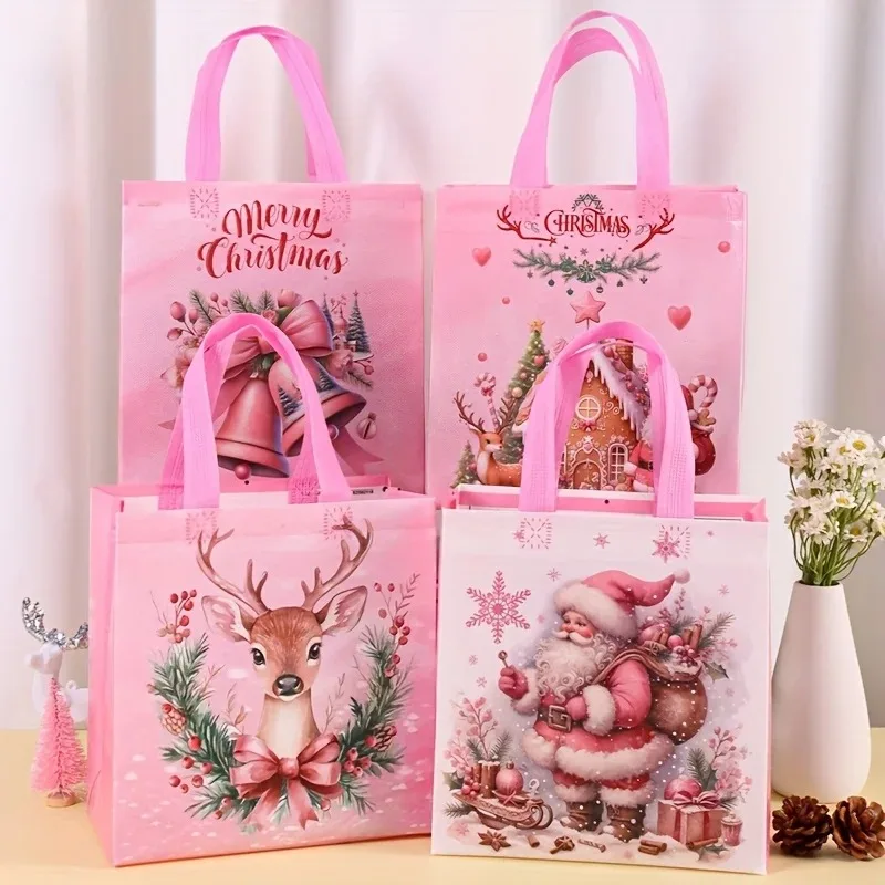 4/8 Uds. Bolsas de mano navideñas rosas con asas, bolsa de regalo reutilizable con patrón de campana de alce de Papá Noel, bolsa de compras de comestibles, embalaje rosa