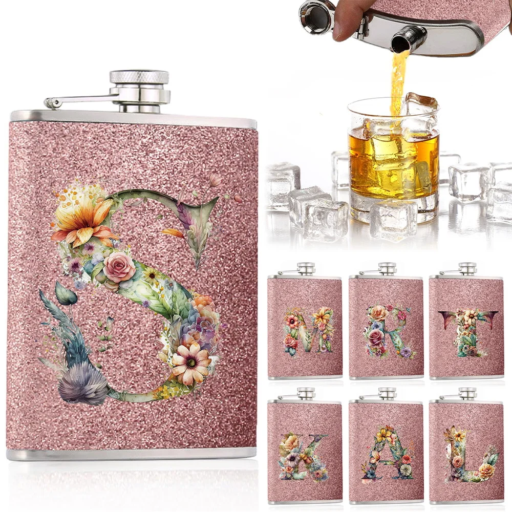 

Stainless Steel Flask For Men Pocket Wine Pot Water Bottle Portable Never-Lose Cap For Outdoor And Camping Floral Letter Pattern