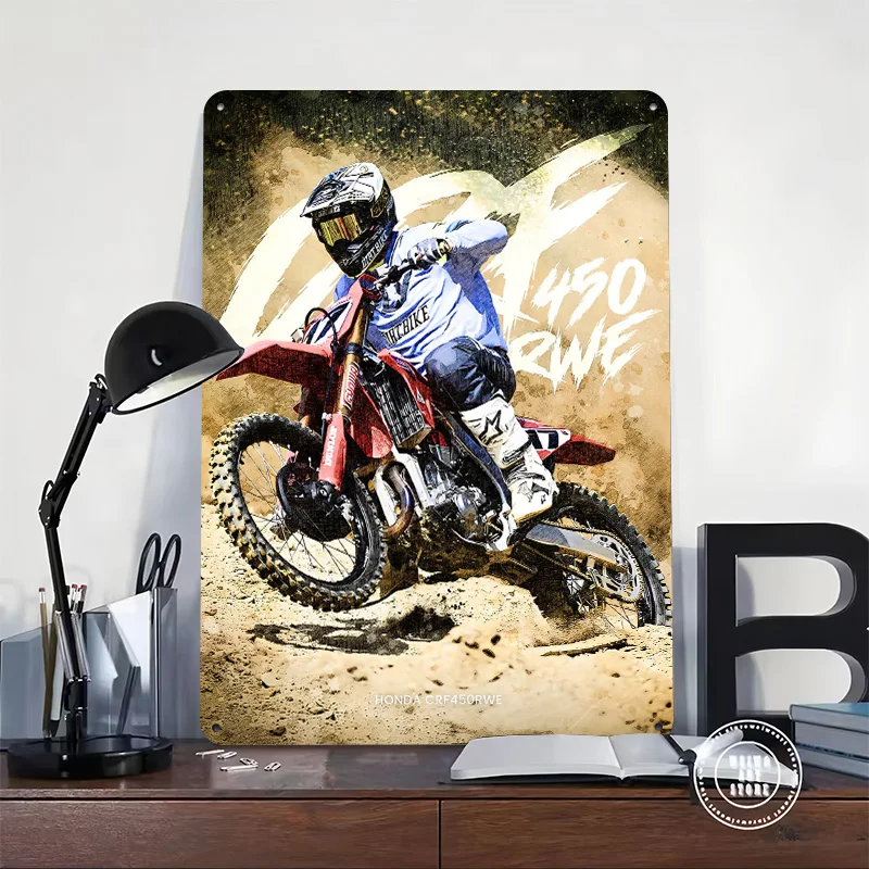 Motocross Rider on Honda CRF450RWE Personalized 3D Textured Metal Poster Wall Art Vintage Tin Signs for Home Decoration Gaming