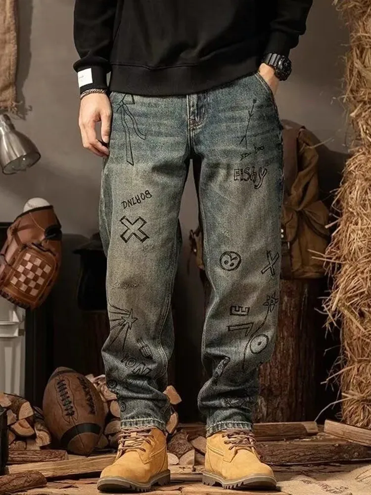 Autumn and Spring Fashion Trend Printed American Vintage Straight Leg Jeans Men's Loose Sports Plus Size High-End Denim Pants