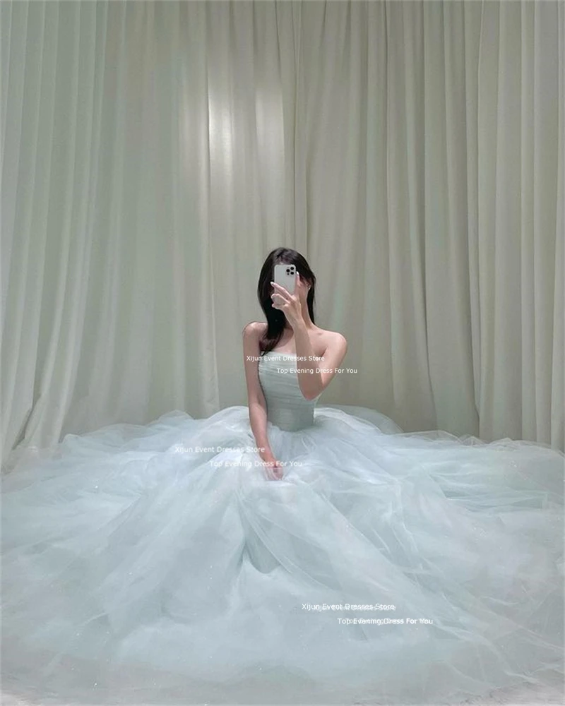 Xijun Princess Mint Tulle Wedding Dresses A-Line Korean Photo Shoot Long Prom Dresses Sleeveless Wedding Party Dress Customized