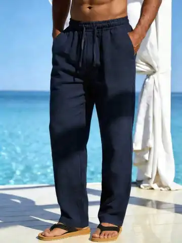 Pantalones de lino sueltos con cordón y bolsillos de color liso para hombre, azul marino, cómodos para primavera, verano, otoño e invierno