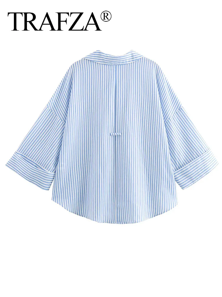 TRAFZA Summer For Women Fashion Long Sleeves Lapel Shirt Top Women's Blue Stripe Single-breasted Decorate Vintage Blouse Mujer