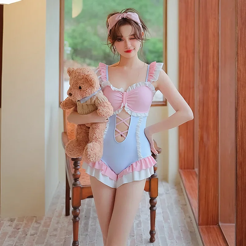 Candy Girls Lolita Ruffle Swimsuit Ladies Monokini One Piece Pink and Blue Patchwork Swimwear Cute Maid Uniform Bathing Suit