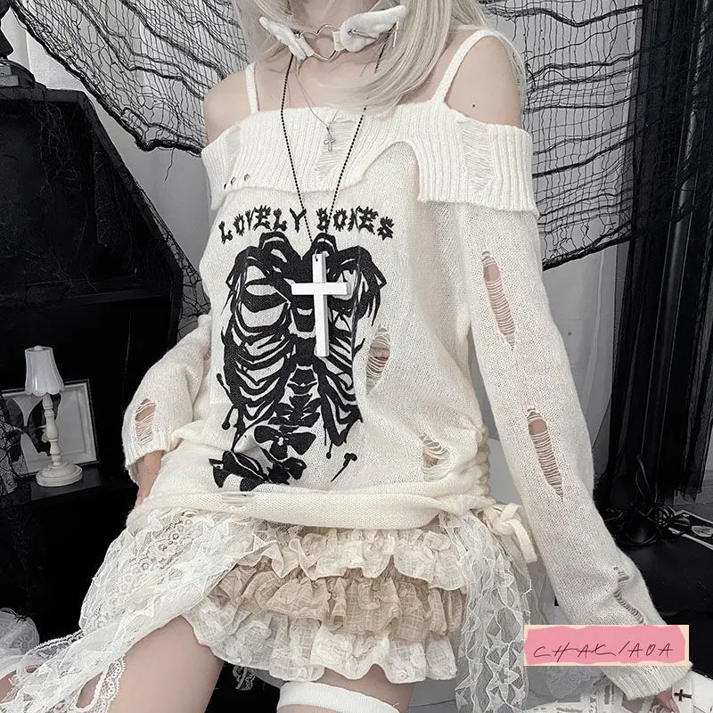 

Japanese Harajuku Punk Bone Jacquard Off-the-shoulder Loose Casual Top Y2k Gothic Knitted Retro Skull Hollow Jumper Womens