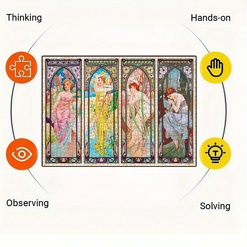 1000pcs DIY Paper Puzzle, Alphonse Mucha Seasons Girl Picture, High-Quality White Card Material, Suitable for Parent-Youngster