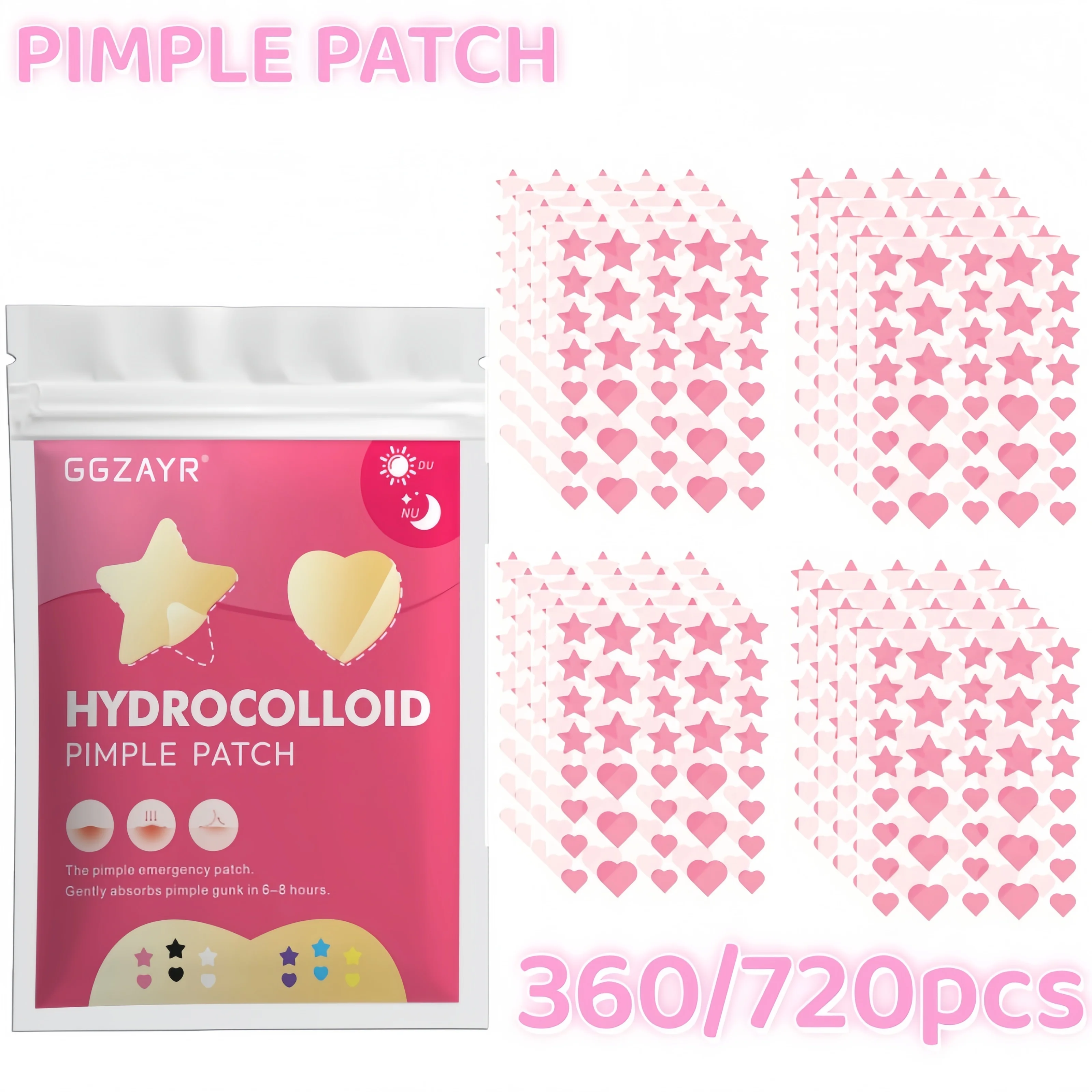 Parches para el Acné Red Star Heart Combo 360/720 piezas, Cubre Imperfecciones Hidrocoloides Bonitos, Uso Invisible