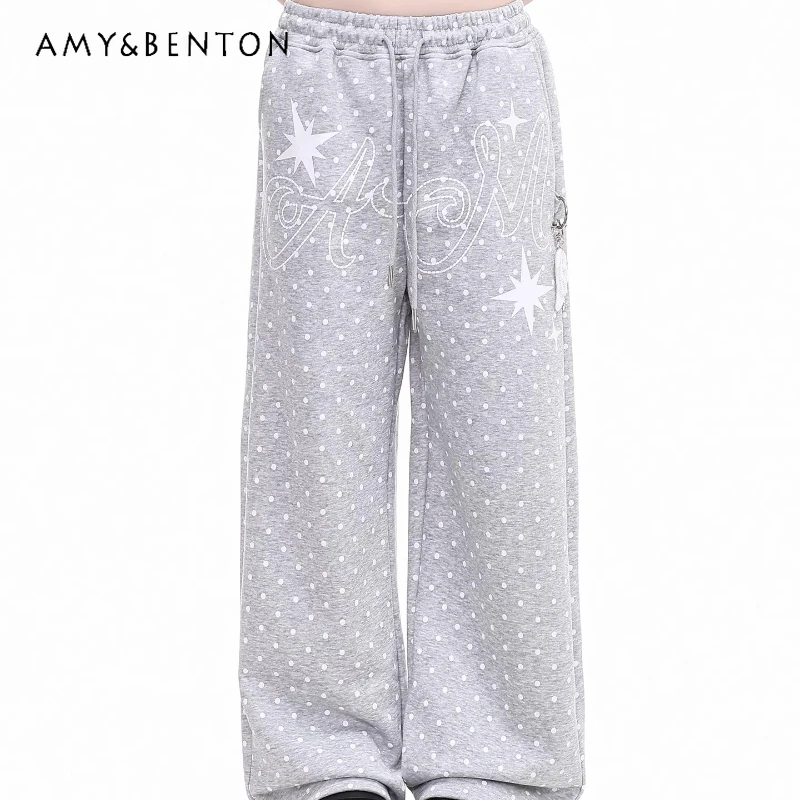 2026 Summer New Polka Dot Women's Casual Trousers Japanese Design Sense Loose Versatile Lace-up Straight Wide-leg Pants Ladies