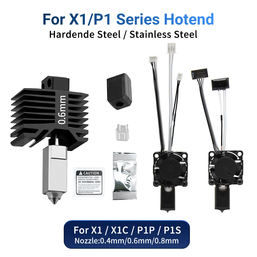 Bambu Hotend Kit For Lab X1/X1C/P1P/P1S Hardened Steel Nozzle 0.2/0.4/0.6/0.8mm With 2510 Fan For Bamboo 3D Printer Hotend