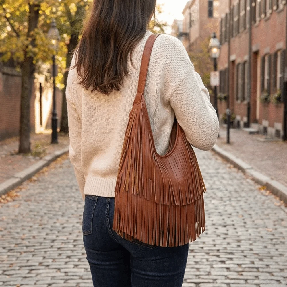 

Fashion Soft PU Leather Long Tassels Handbag Black Color Large Capacity Shoulder Tote Bag Chic Elegant Armpit Hobo Bag Party