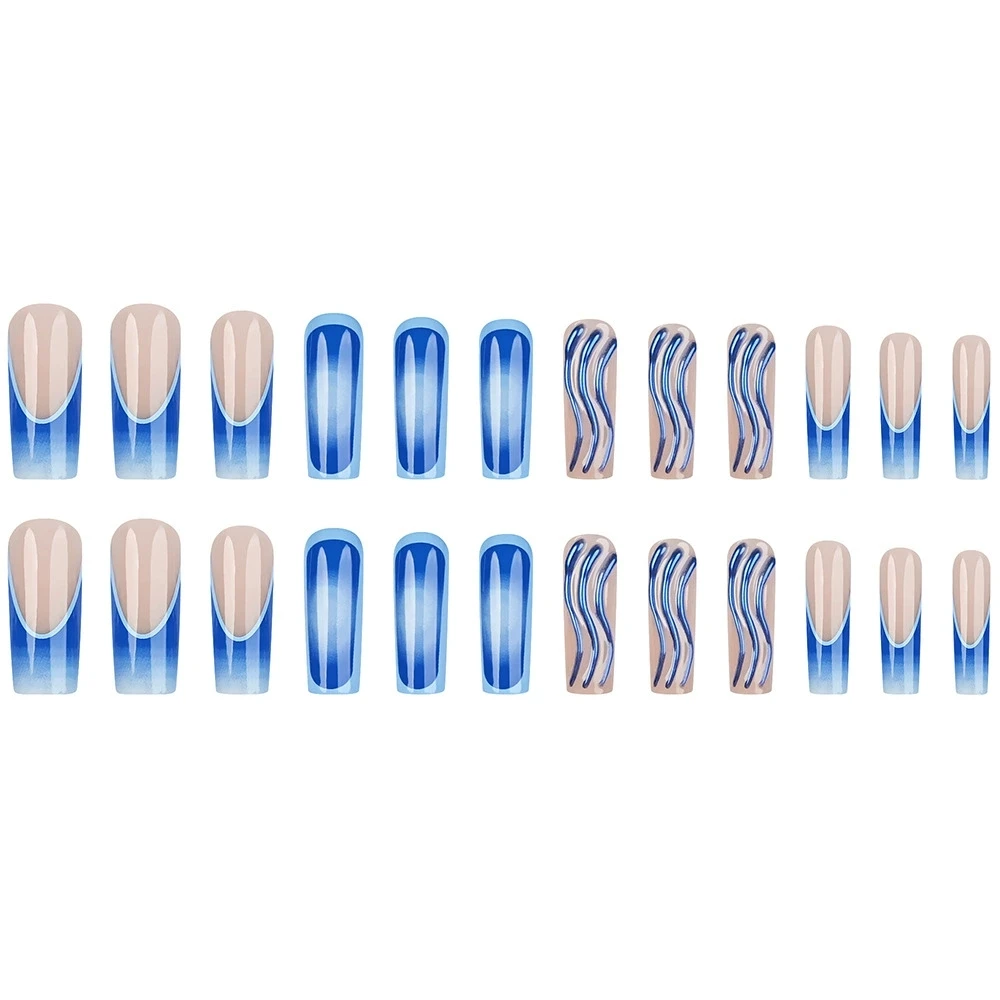 24 Uds. De uñas postizas francesas con gradiente de rubor azul 3D Y2k, uñas postizas con diseños de rayas Aurora, uñas postizas con acabado de Ballet largo
