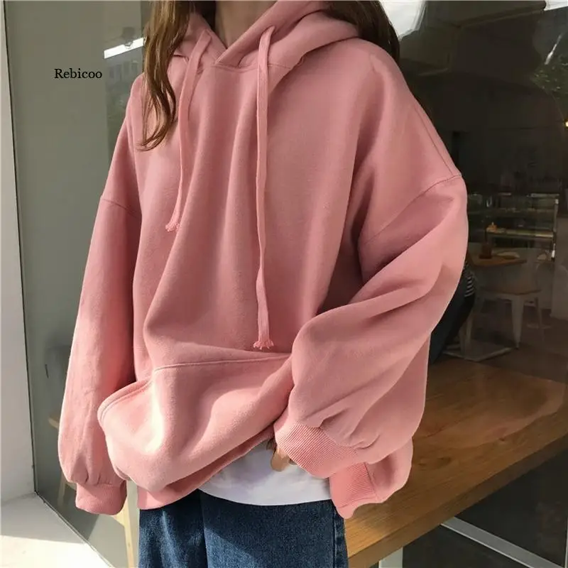 

Hoodies Women Thickening Soft Simple Pink Basic College Teens Korean Hoodie with Hat Winter Autumn Warm Lovely Ladies Sweatshirt