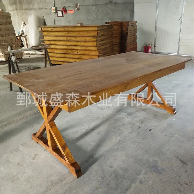 Rustic Solid Pine Folding Farm Table Large Cross Leg Outdoor Wedding Banquet Dining Desk Retro Wooden Furniture