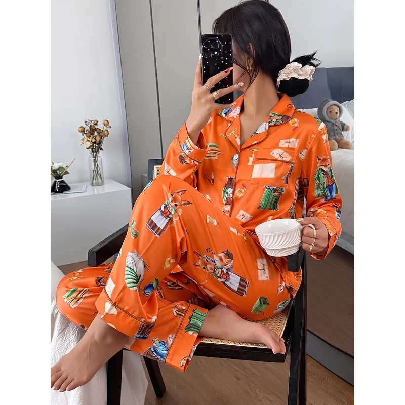 2-piece Women's Sleepwear Home Set with Retro Style Bright Orange Base Fairy Tale Animal Print, Long Sleeves and Pants with Notc