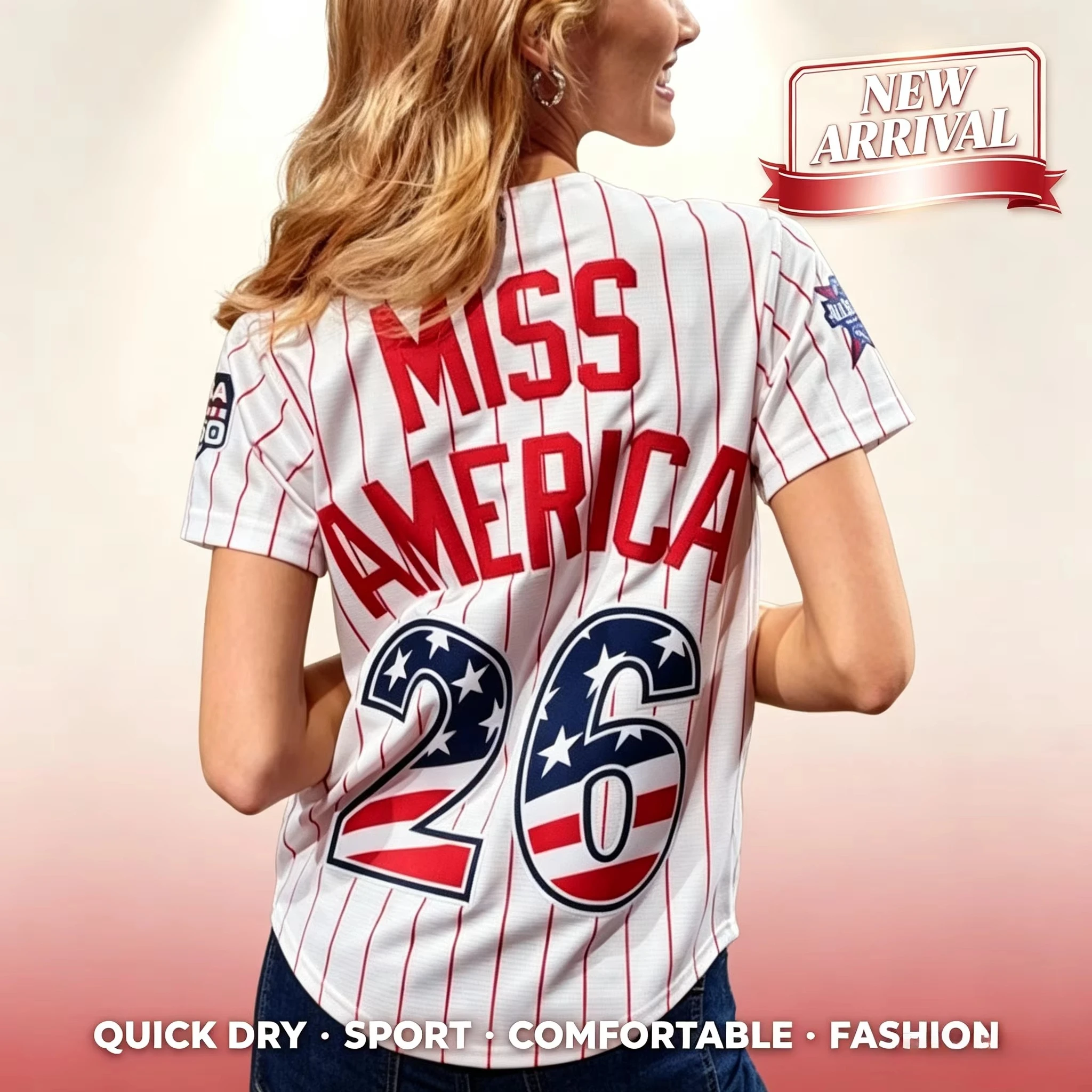 Miss America 26 Baseball Jersey Striped Adult Kids Short Sleeve T-Shirt US Flag Patriotic Summer Game Day Casual Sports T-Shirt