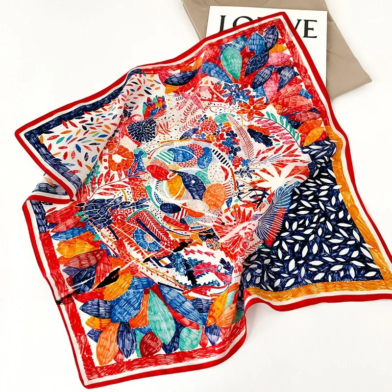 2023 Fashion 100% Silk Satin Hair Scarf For Women Handkerchief Printed Bag Scarfs Female Square Head Bandana Scarves For Ladies