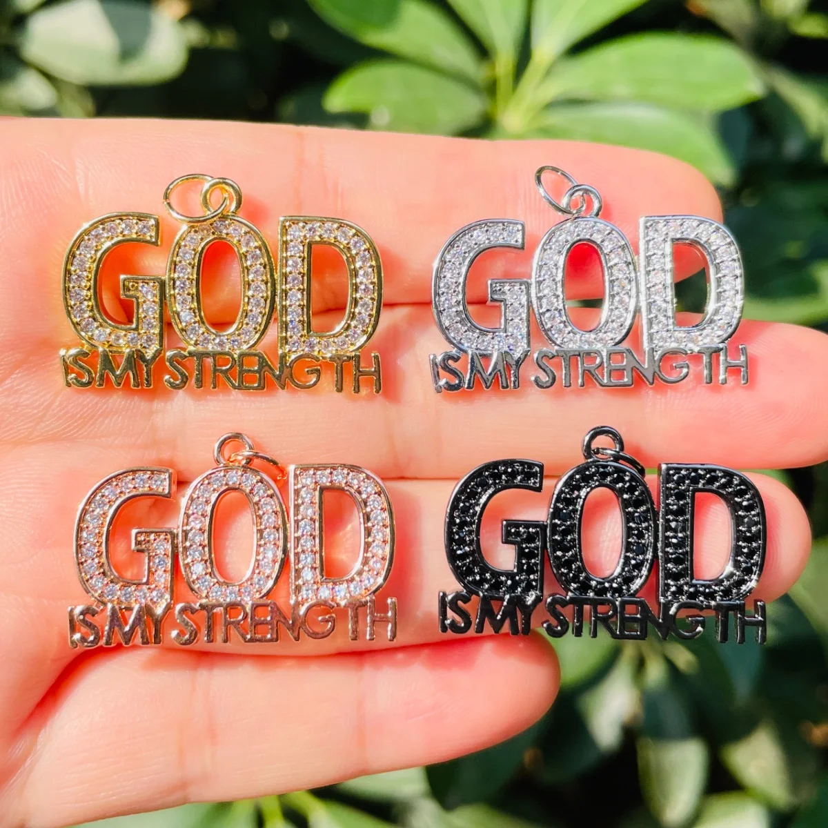 

5pcs God Is My Strength Word Charm Bling Zirconia Paved Religious Letter Pendant for Women Girl Necklace Bracelet Jewelry Making