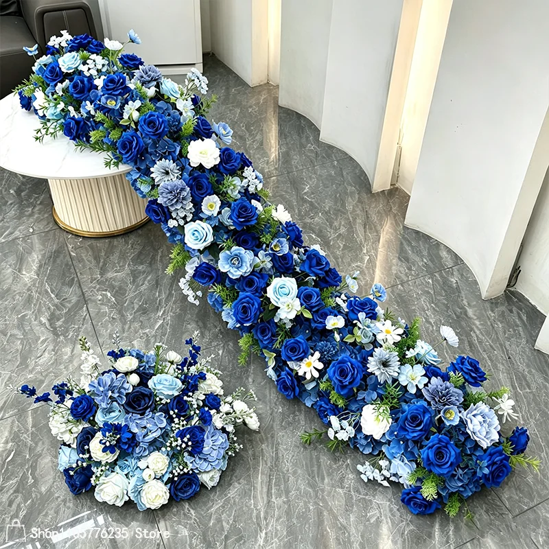 Königsblauer Kunstblumen-Tischläufer, Blumenarrangement-Ball, Hochzeits-Bodenblumenreihe, Gangdekoration, Event-Hintergrund, Dekorationszubehör – Detail 2